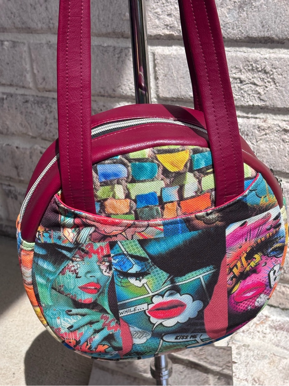 Pop Art Comic Print Mini Satchel Bag Red Leather Y2K Statement Purse‎